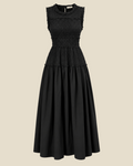Black midi dress Merci Paris Dôen Mallory in organic cotton poplin with smocked bust and full gathered skirt