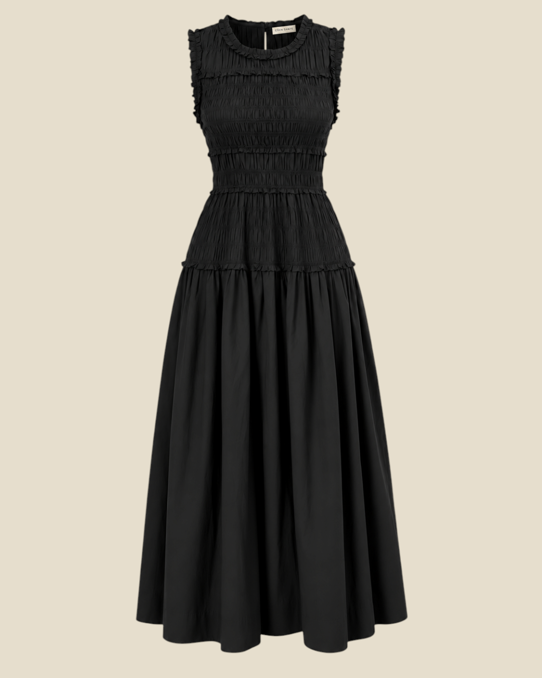 Black midi dress Merci Paris Dôen Mallory in organic cotton poplin with smocked bust and full gathered skirt
