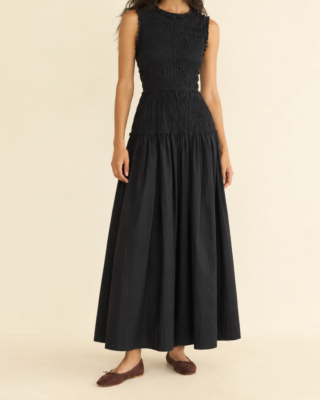 Black midi dress Merci Paris Dôen in organic cotton with fitted smocked bust and full gathered skirt