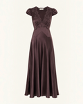 Robe midi Merci Paris Dôen Coraline en satin de soie rouge foncé avec décolleté en V et détails en dentelle