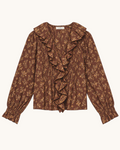 Blouse Merci Paris Dôen Brown hardy in organic cotton with floral print, ruffled collar and long sleeves