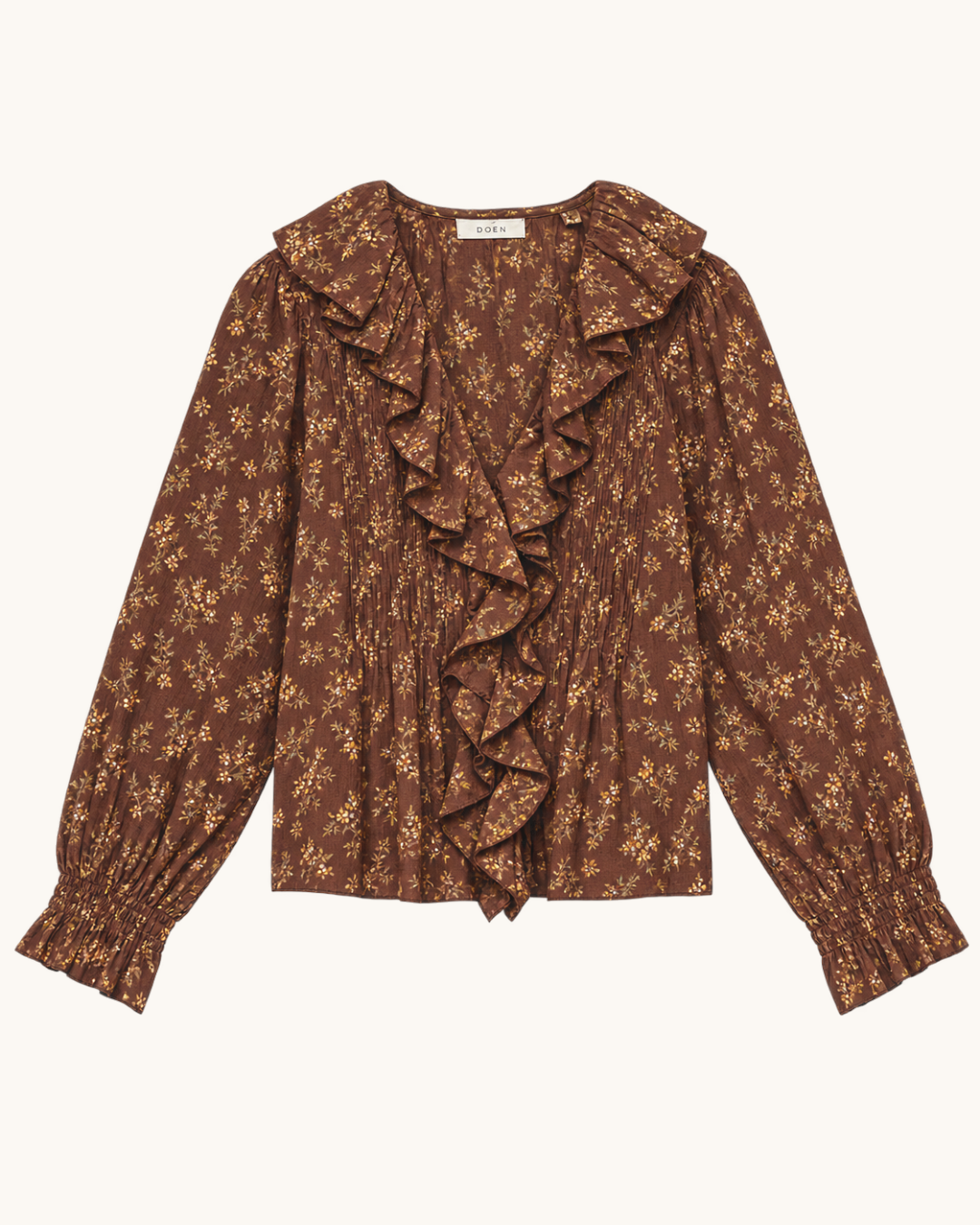 Blouse Merci Paris Dôen Brown hardy in organic cotton with floral print, ruffled collar and long sleeves