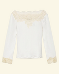 T-shirt blanc Merci Paris Dôen Riana en coton côtelé avec encolure bateau et poignets ornés de dentelle délicate