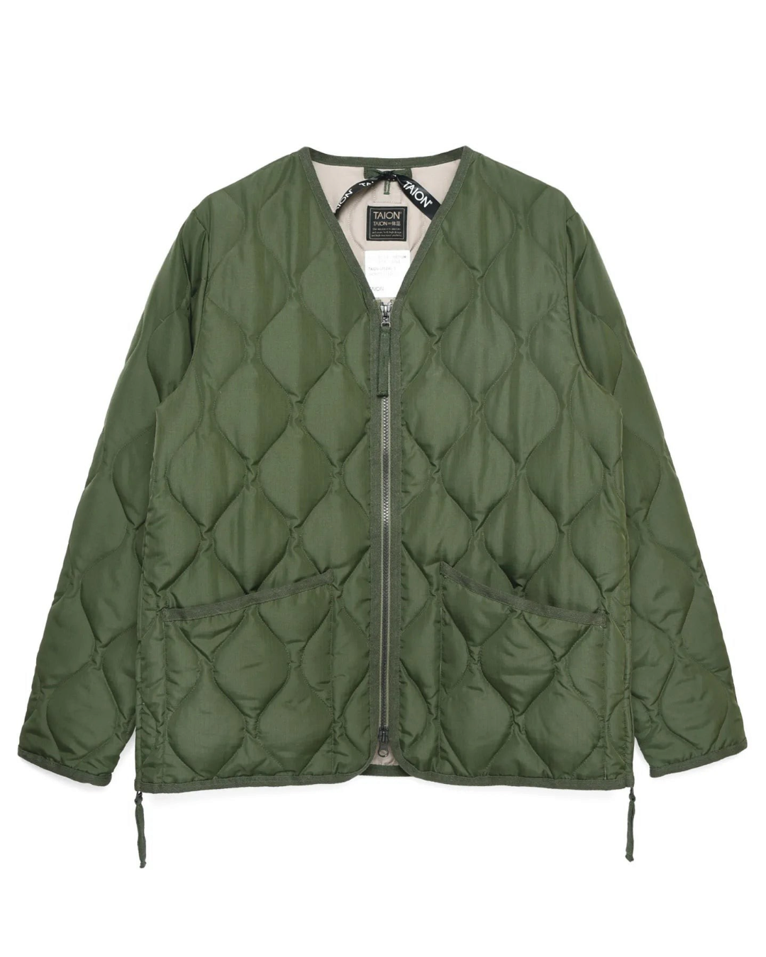 Veste matelassée Merci Paris Taion militaire olive avec col en V, fermeture zippée et poches plaquées