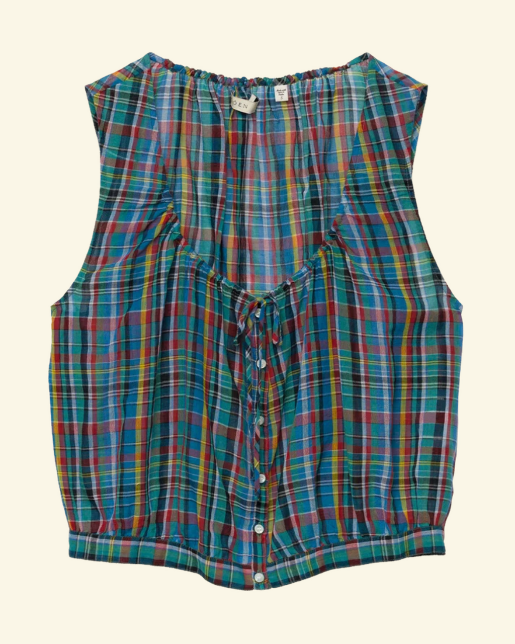 Sleeveless blouse Merci Paris Dôen Theo in multi-colored checked organic cotton voile with mother-of-pearl buttons