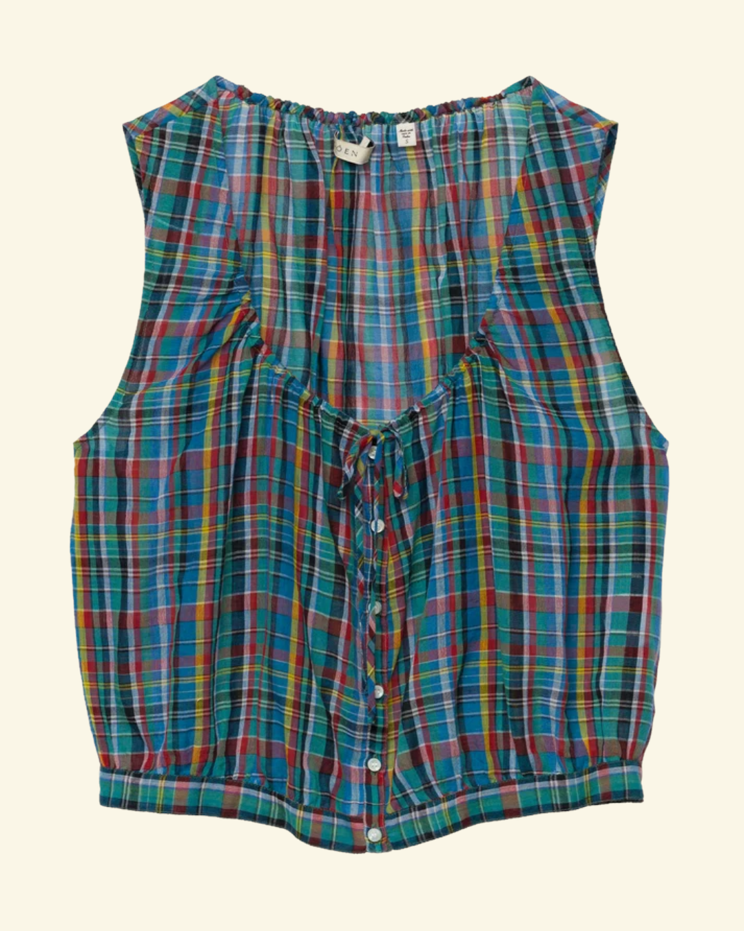 Sleeveless blouse Merci Paris Dôen Theo in multi-colored checked organic cotton voile with mother-of-pearl buttons