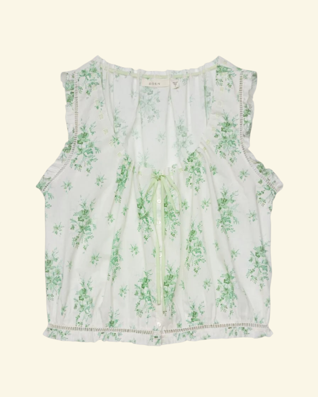 Blouse Merci Paris Dôen Traveler in green organic cotton voile with floral print with openwork details and ribbon