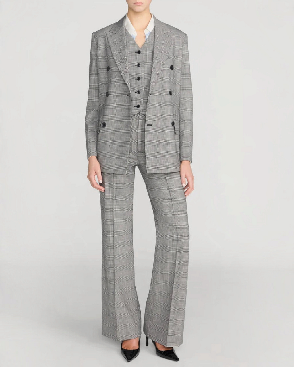 Ensemble tailleur Merci Paris Frame composé d'un blazer croisé et d'un pantalon à carreaux gris en laine mélangée