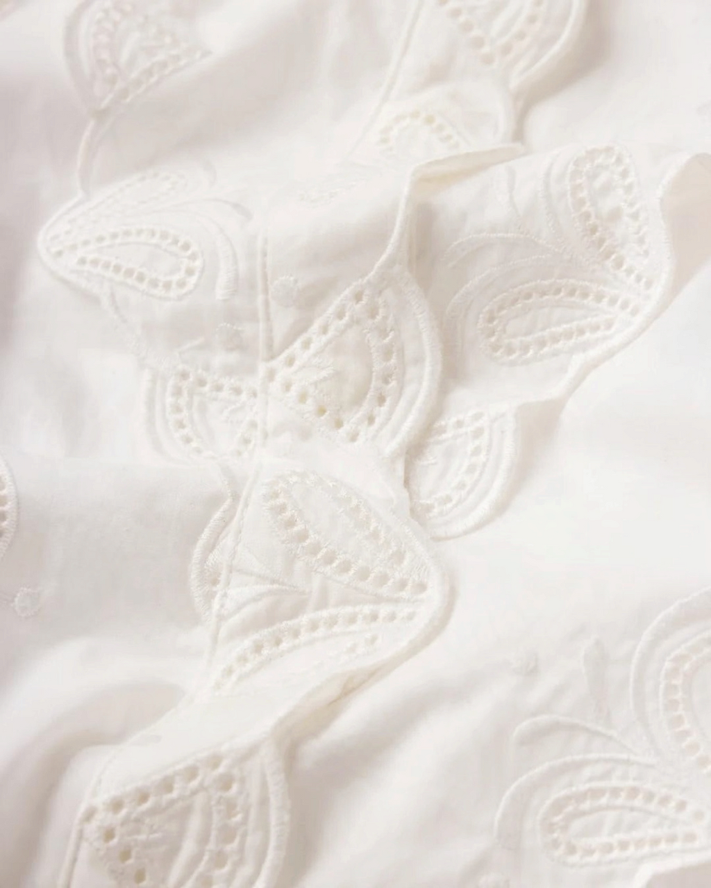 Gros plan sur la broderie festonnée délicate de la chemise Equestrian blanche en voile de coton par Merci Paris