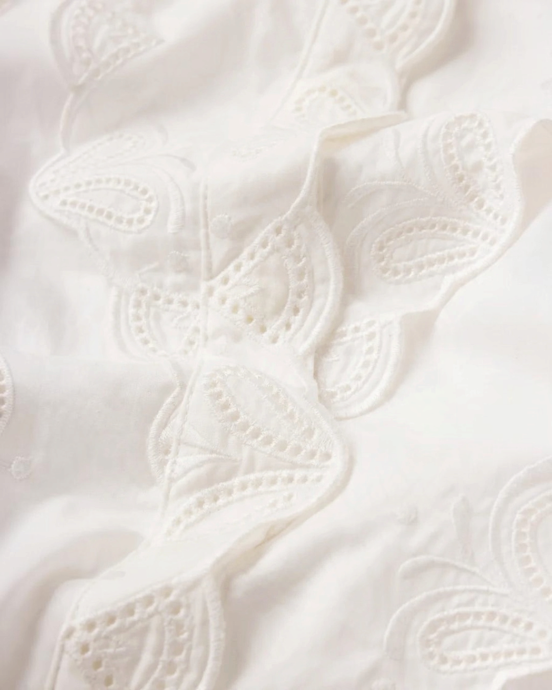 Gros plan sur la broderie festonnée délicate de la chemise Equestrian blanche en voile de coton par Merci Paris