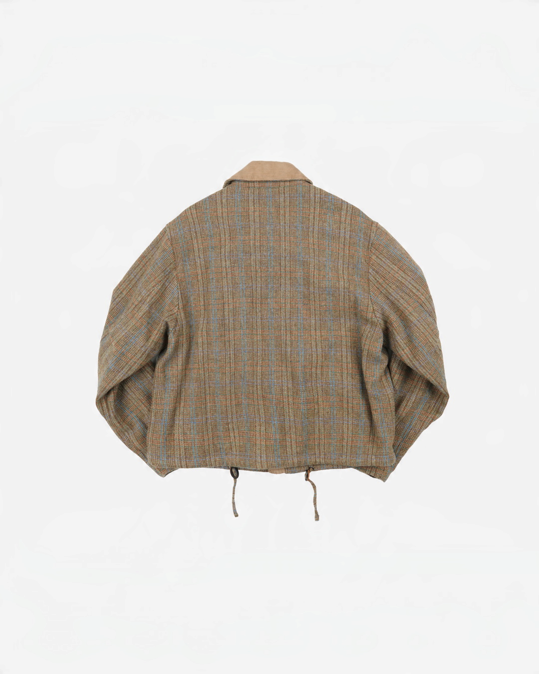Vue arrière de la veste de chasse en laine à carreaux marron Merci Paris avec col en velours côtelé