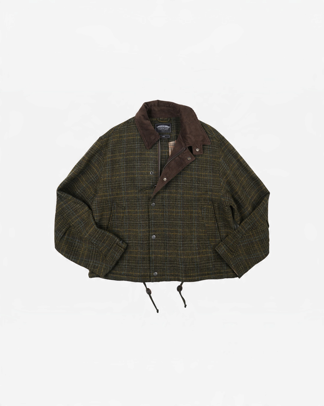 Veste de chasse Merci Paris Frizmworks en laine verte à carreaux avec col en velours côtelé marron