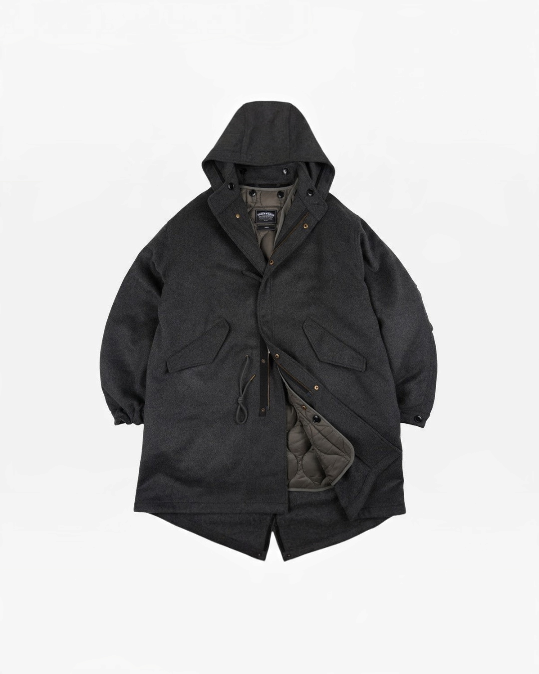 Parka Merci Paris Frizmworks Vincent en laine mélangée gris charbon avec capuche et doublure amovible style militaire
