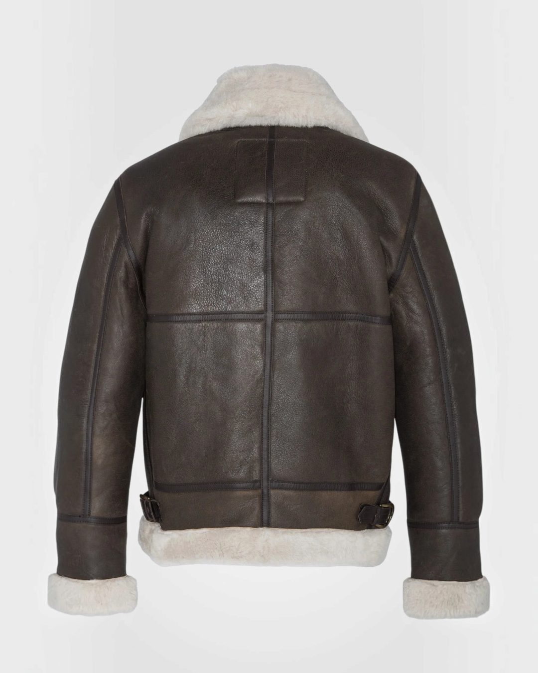 Vue arrière du blouson bomber Merci Paris Schott en cuir de mouton marron vieilli avec col et bordures en peau lainée