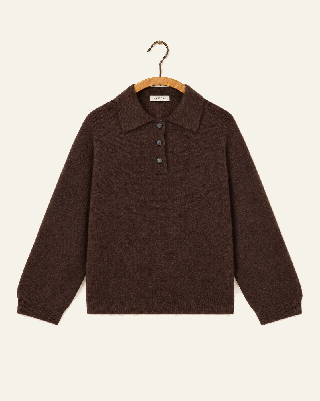 Masscob - Brown Kaely polo shirt on wooden hanger, label Masscob