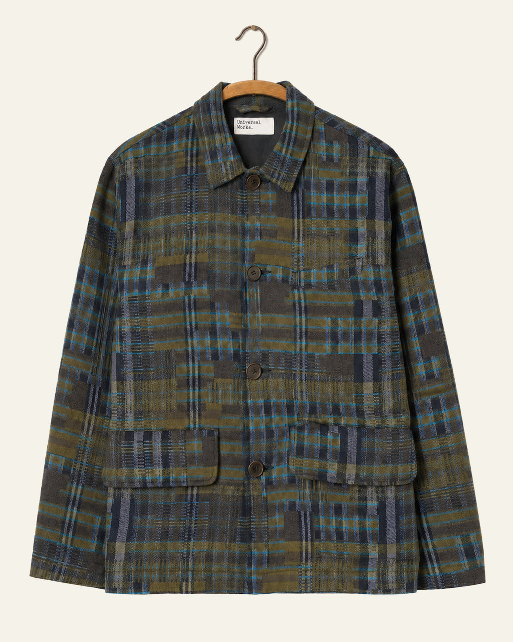 Universal Works - Veste Franck - Olive, vue de face sur cintre