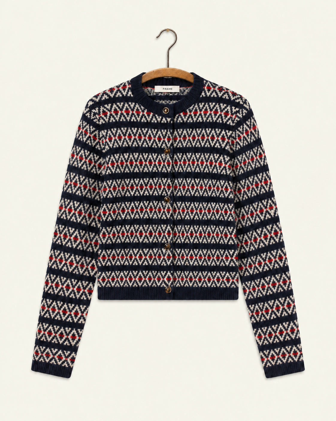 Frame - Cardigan The Cashmere - Marine Fairisle, vue de face sur cintre