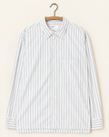 Universal Works - Chemise Lucky - Rayures Gris, vue de face sur cintre