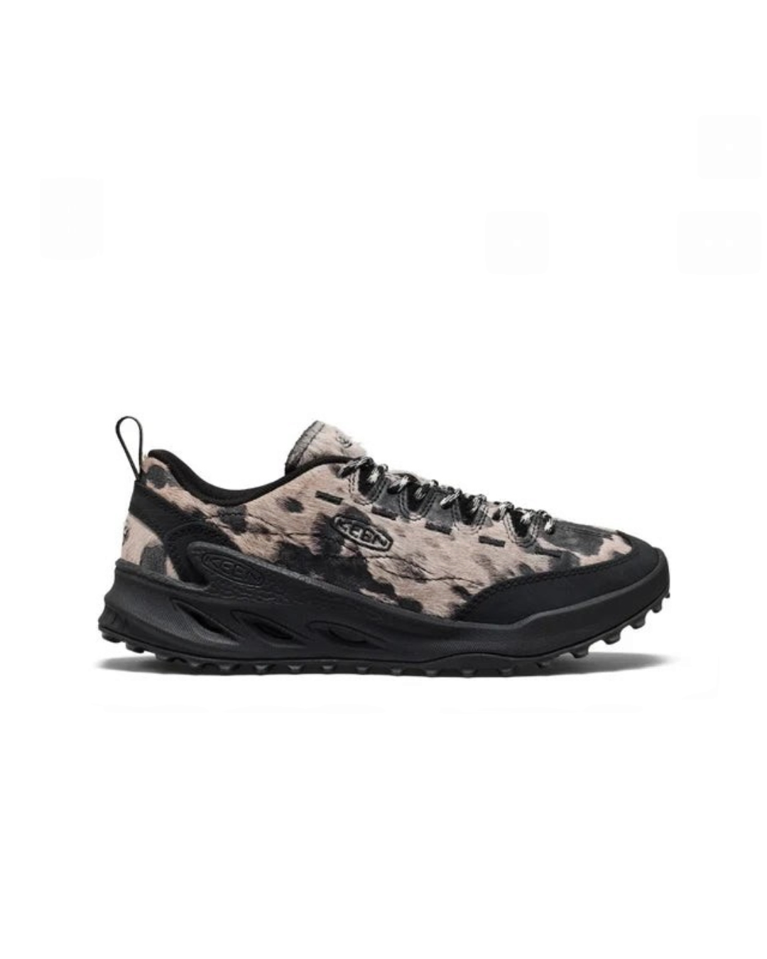 Baskets Keen Jasper Zionic Merci Paris en cuir noir et imprimé animal, semelle crantée robuste pour randonnée urbaine