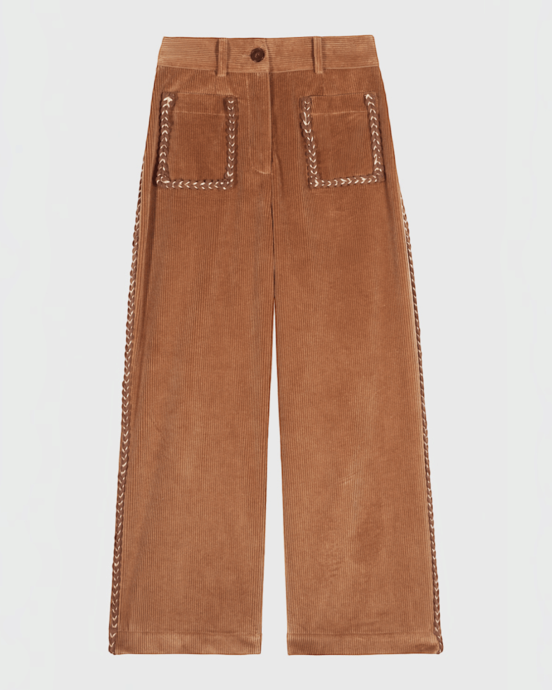 Pantalon Niza Merci Paris en velours côtelé couleur cacao avec poches avant et détails tressés sur les côtés