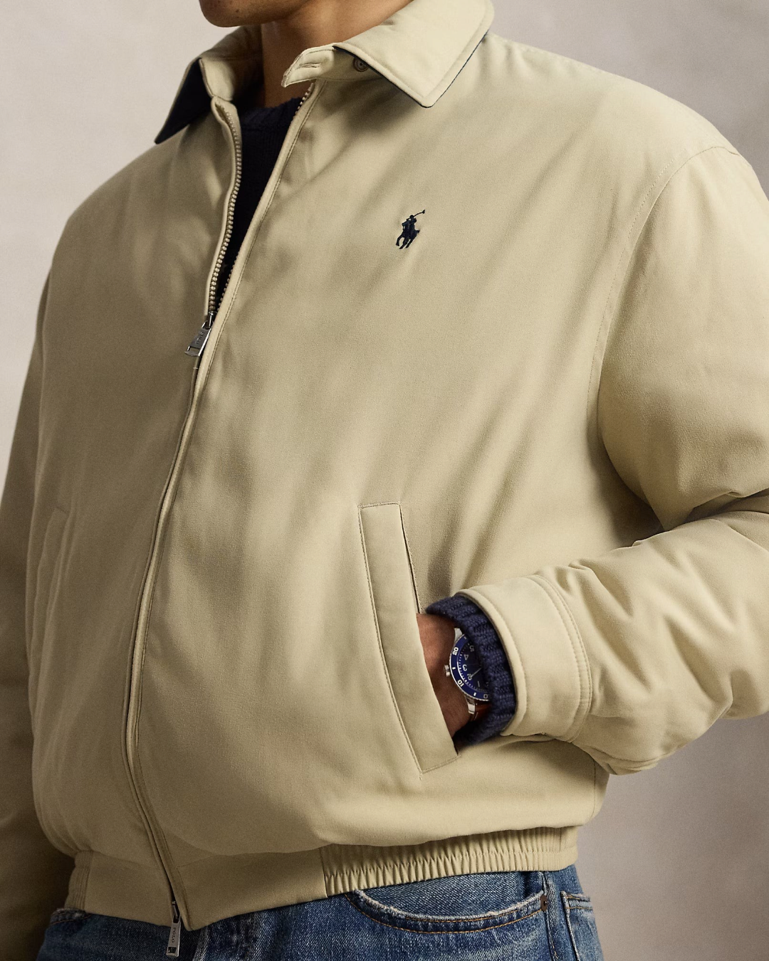 Veste matelassée kaki Merci Paris Ralph Lauren avec logo brodé, fermeture zippée et poches latérales