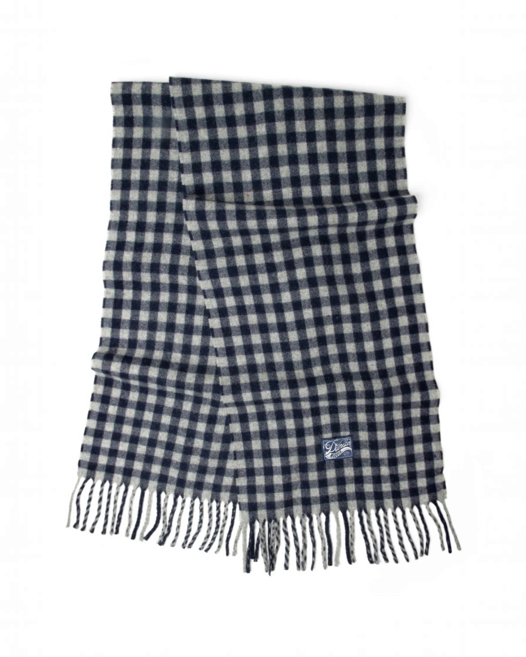 Écharpe en laine Merci Paris Damson Madder à motif vichy bleu marine et blanc avec finitions à franges